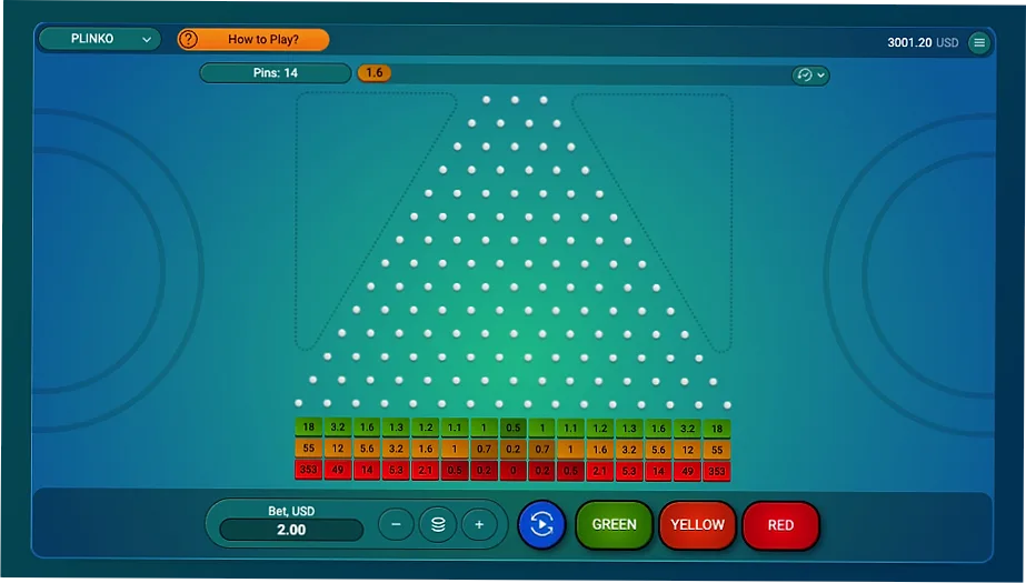 Plinko game board with pin pyramid and multiplier slots