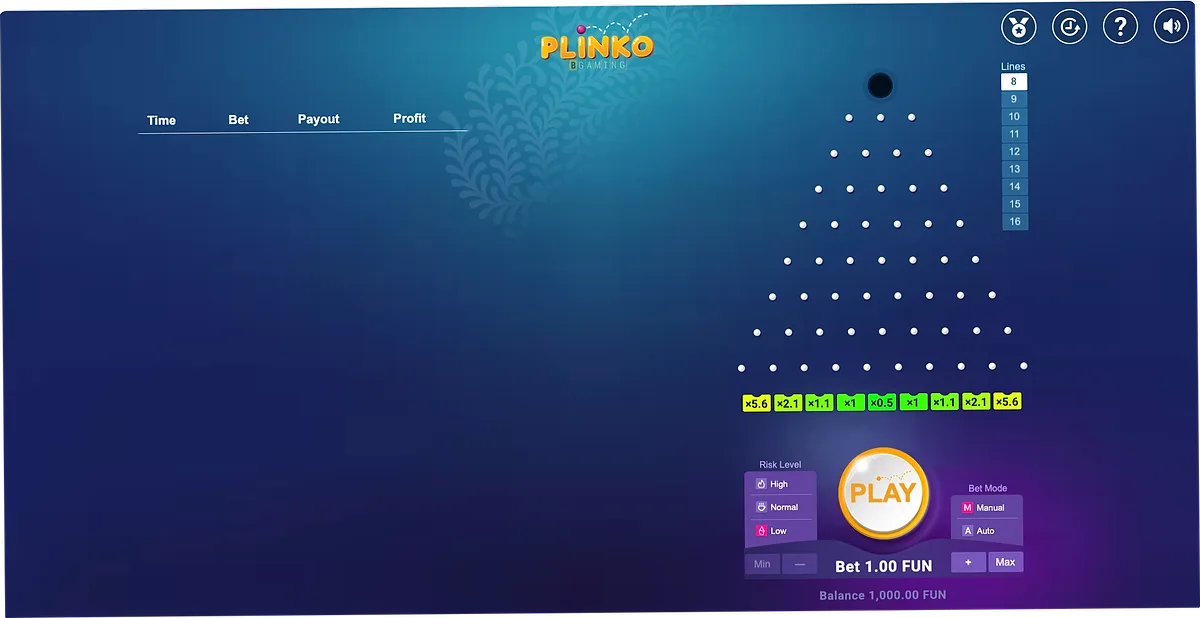 Plinko demo mode — BGaming free play interface